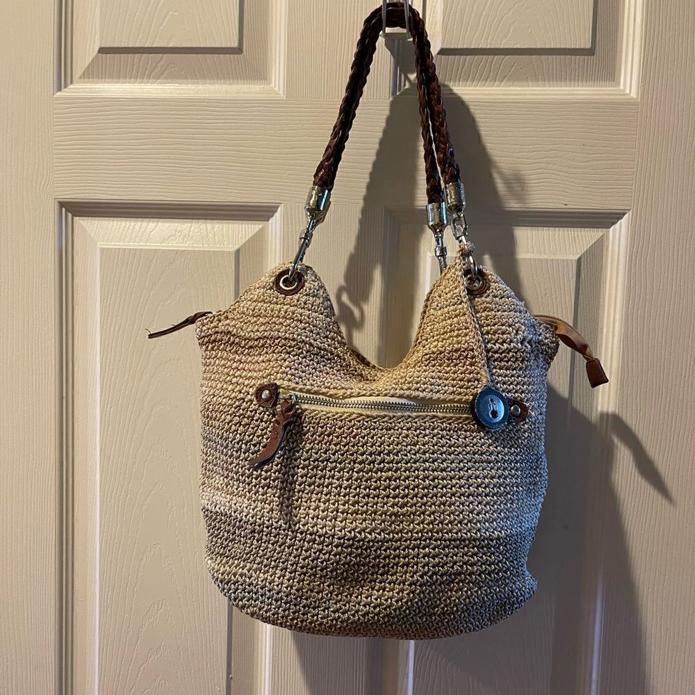 The SAK Crochet Sand,gray &khaki bucket style shoulder bag braided brown straps